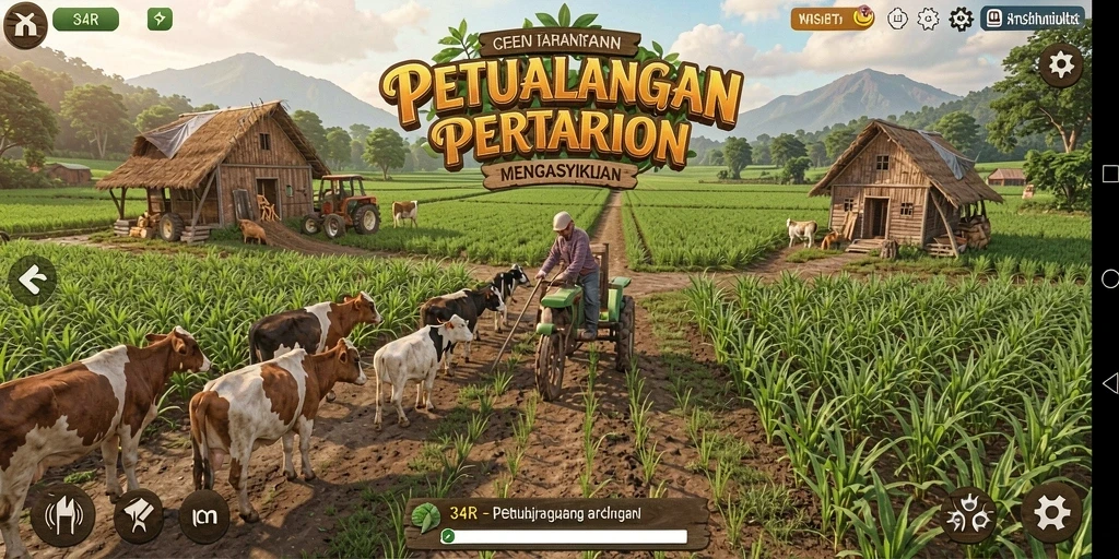 Screenshot gameplay 34R menunjukkan aktivitas bertani yang menyenangkan.