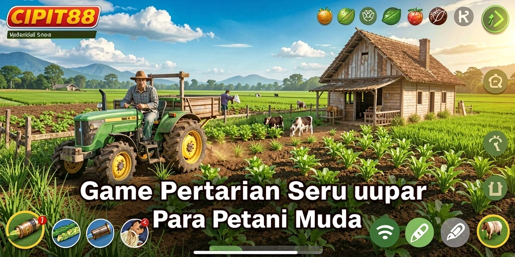 Tampilan gameplay CIPIT88 dengan ladang pertanian yang luas dan berwarna-warni.