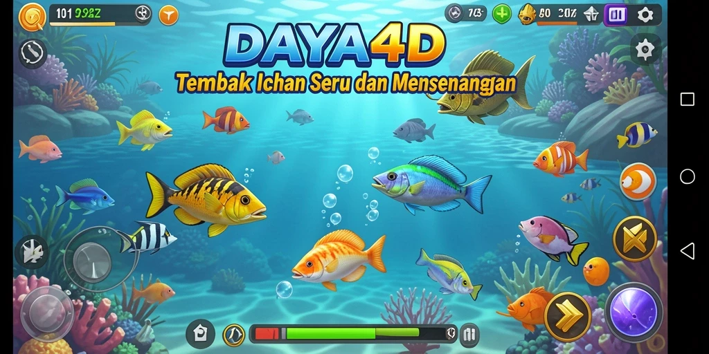 Tampilan screenshot utama DAYA4D menampilkan aksi seru dalam menembak ikan.