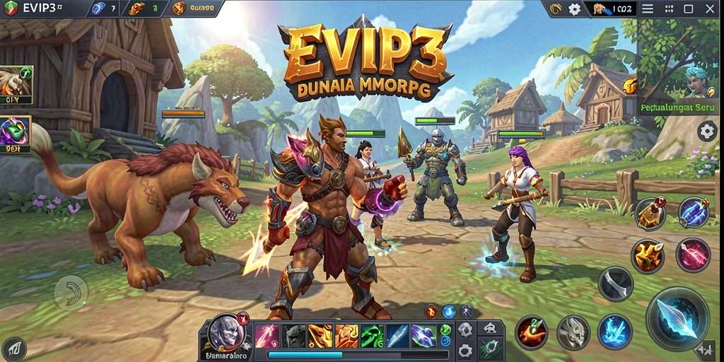 Screenshot gameplay EVIP3 menampilkan aksi seru karakter dalam pertempuran MMORPG.