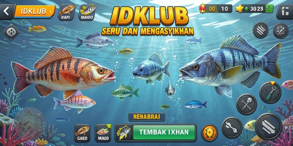 Gameplay seru dalam IDKLUB dengan berbagai ikan berwarna.