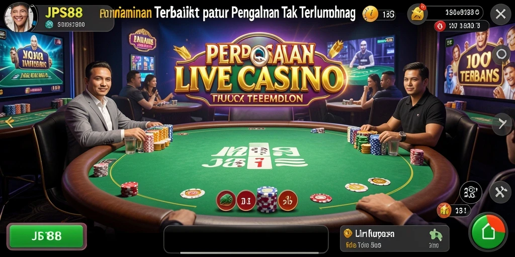 Screenshot dari gameplay JPS88 yang menampilkan dealer langsung dan suasana permainan.