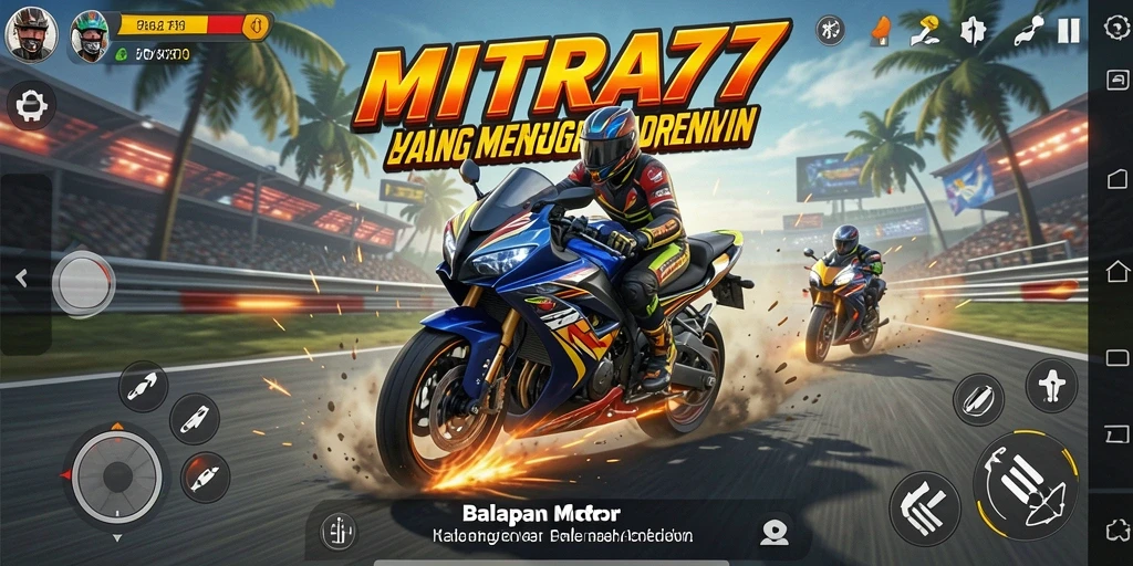 Screenshot utama MITRA77 menampilkan aksi balapan motor yang dramatis.