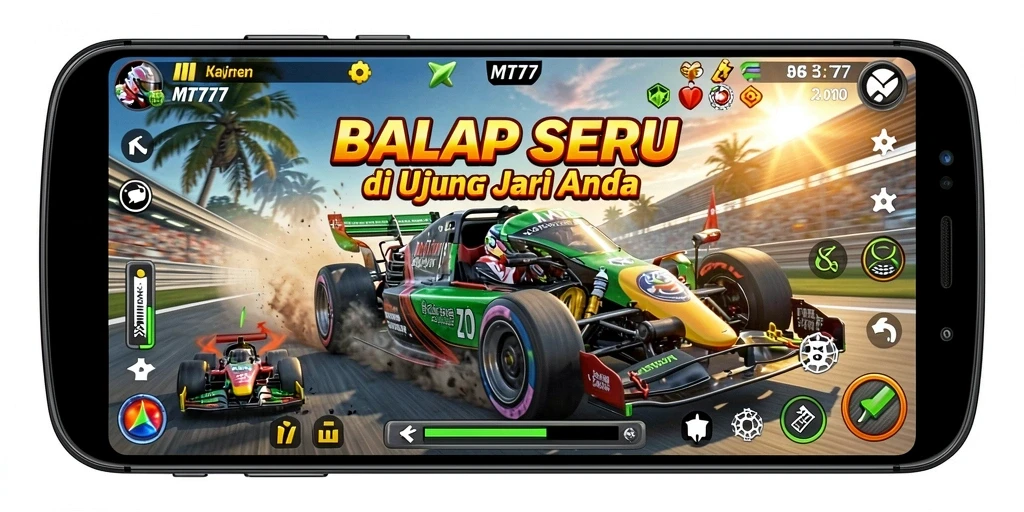 Gameplay MT777 yang mendebarkan dengan mobil balap yang detail.