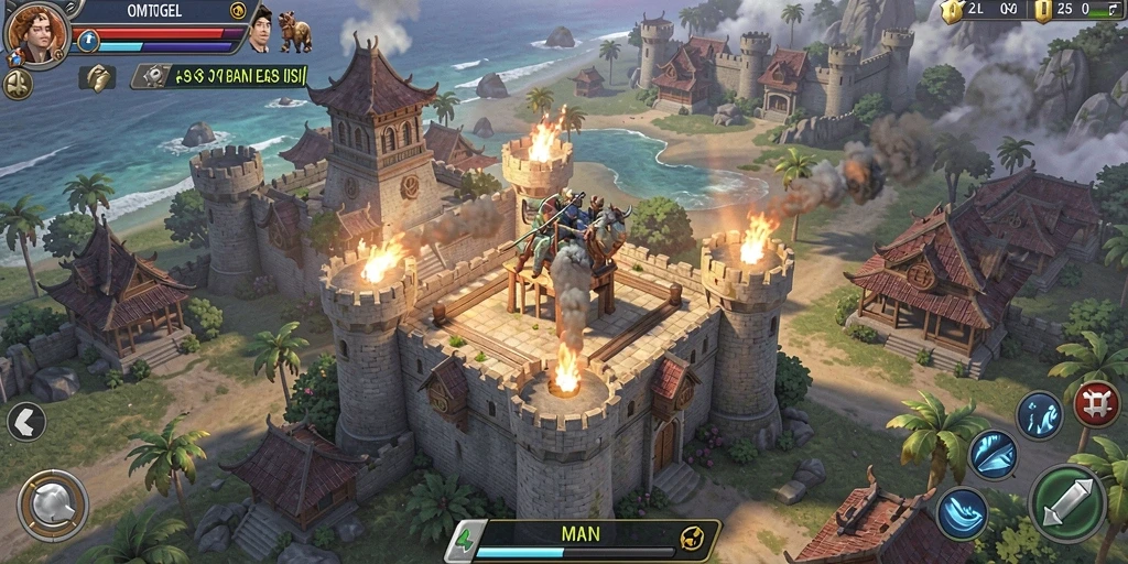 Screenshot gameplay OMTOGEL menampilkan pertarungan menara yang seru.