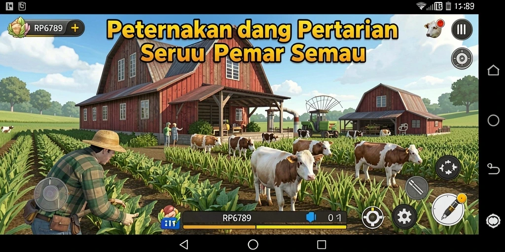 Tampilan gameplay RP6789 menampilkan ladang hijau dan hewan ternak yang beragam.