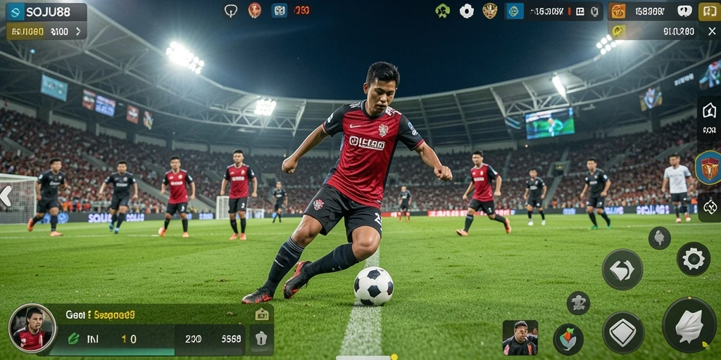 Tampilan gameplay SOJU88 yang mendebarkan dalam aksi sepak bola.